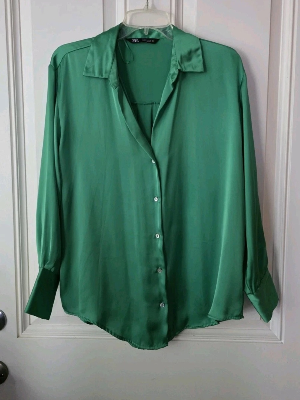 Zara Green Satin Button-Down Blouse